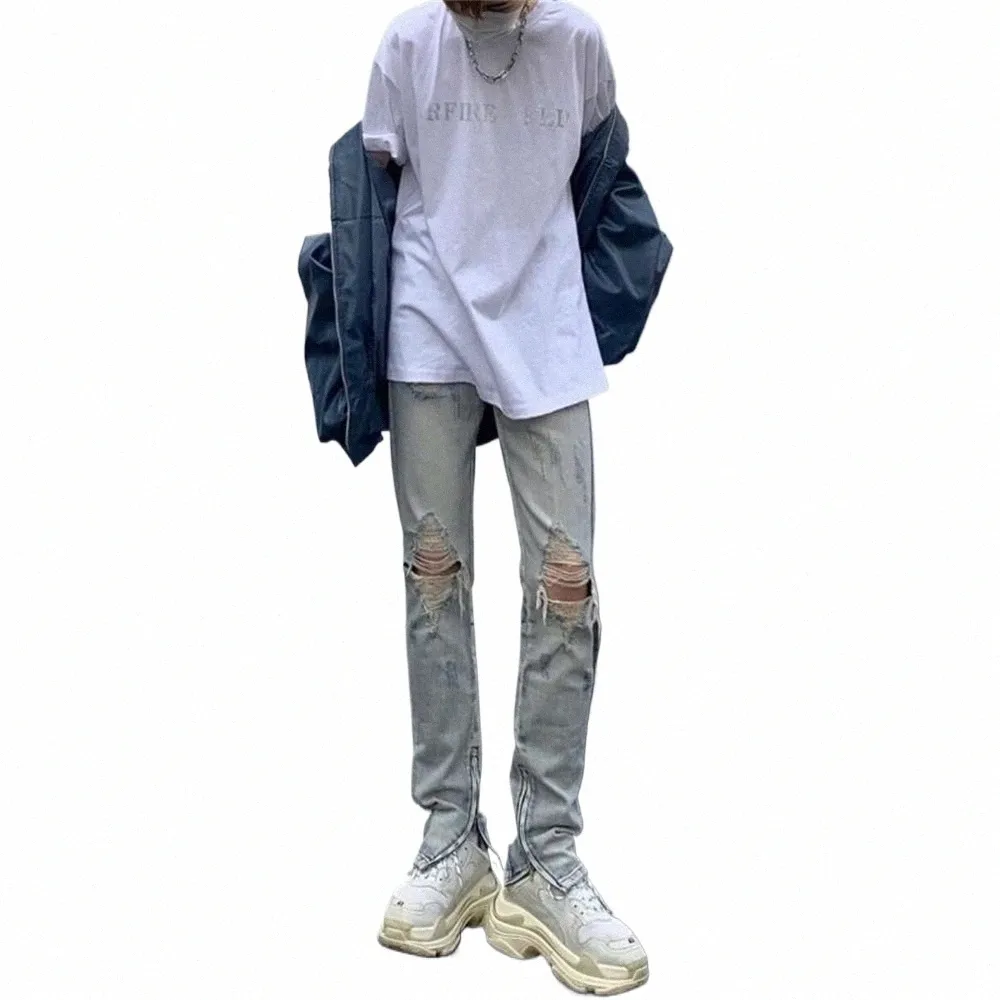 Skinny Jeans Männer Ripped Slim Fit Denim Hosen Grau Stretch Distred Patchwork Hip Hop Streetwear Herrenbekleidung Moto Jeans Mann i5RQ #