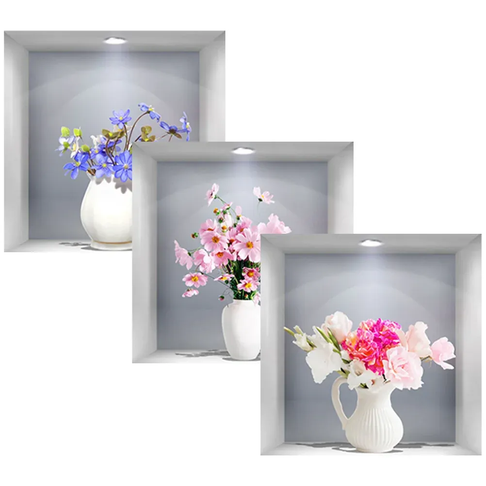 Stickers 3 Pcs Flower Stickers Adhesive Wall Fresh 3D Flowers Vase Applique Potting Decoration Decorative Decal