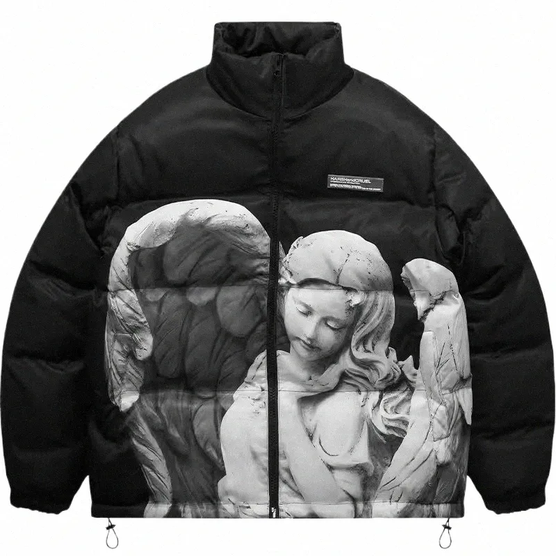 hip Hop Fi Padded Jacket Men Full Angel Print Warm Bomber Parkas Jacket Thick Cott Oversized Puffer Coat Unisex 2023 q298#