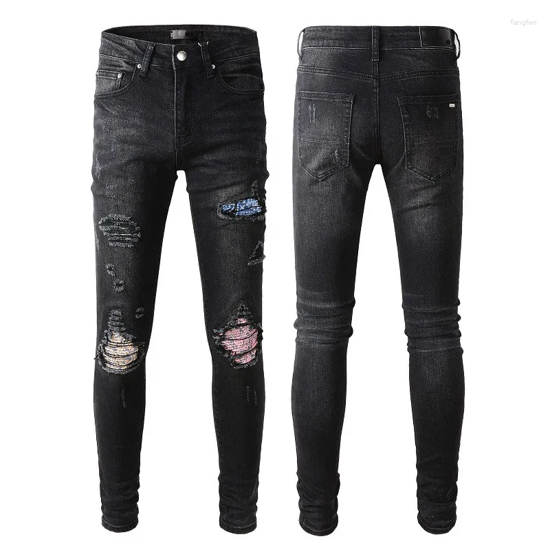 Jeans pour hommes AM Fashion Brand Skinny Casual Ripped Patch Slim Pantalon Hip Hop Noir Lavage Droit Coton Mendiant Denim Pantalon