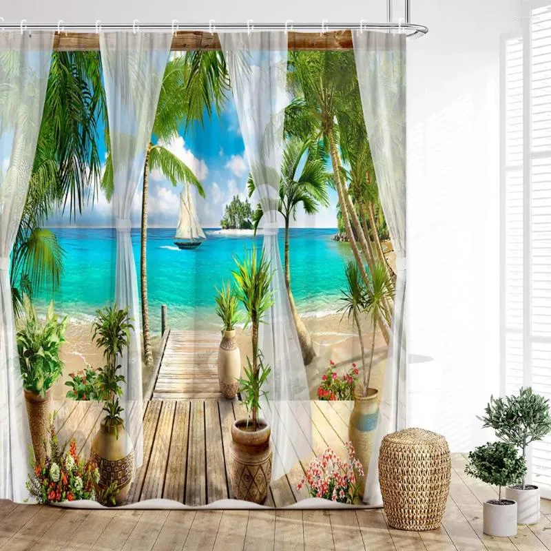 Zasłony prysznicowe nadmorskie sceneria zasłona natura plaża liście palmy żaglówki mary morskie zwierzęta zachodzące słońce Domowe dekoracje łazienki