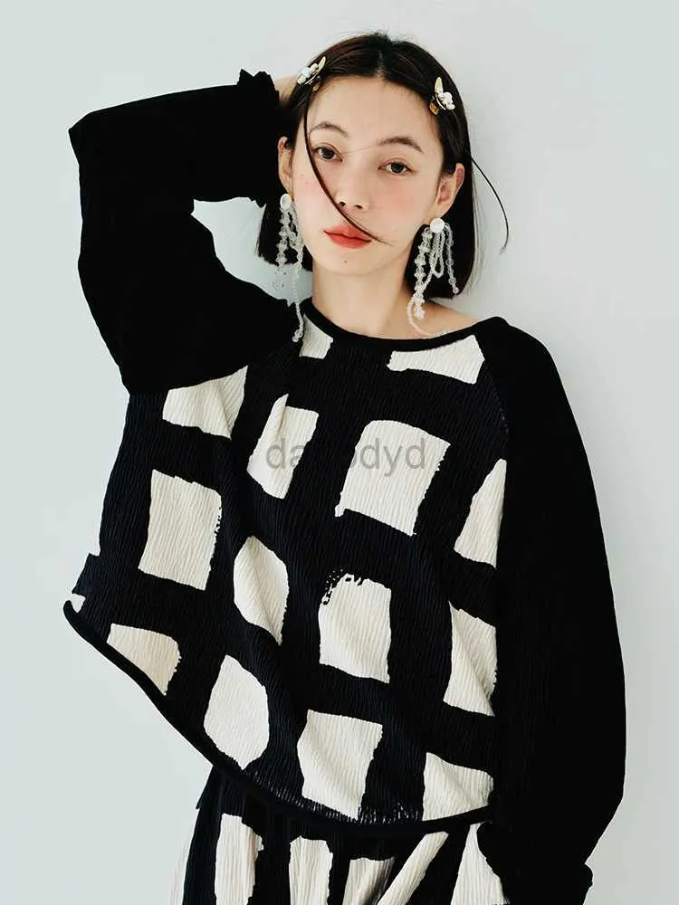 Kadın Hoodies Sweatshirts IMakokoni Orijinal Tasarım Uzun kollu Yuvarlak Yuvarlak Yuvarlak Külkü Üst T-Shirt Sonbahar Ekose Baskı Siyah Gevşek Patchwork Kadınlar 24328