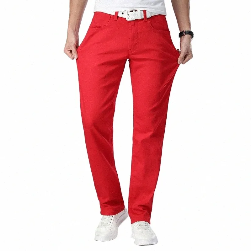 2024 Nya hösten Men's Red Jeans Classic Style Straight Elasticity Cott Denim Pants Mane Brand White Trousers Q9nz#