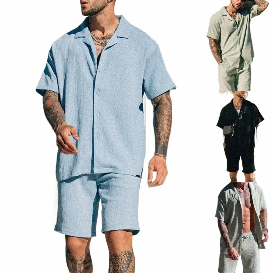 2024 Nieuwe Mannen Tweedelige Set Korte Mouw Revers Butt Shirts En Shorts Strand Pakken Mannen Zomer Kleding streetwear Trainingspak 69 Ps #