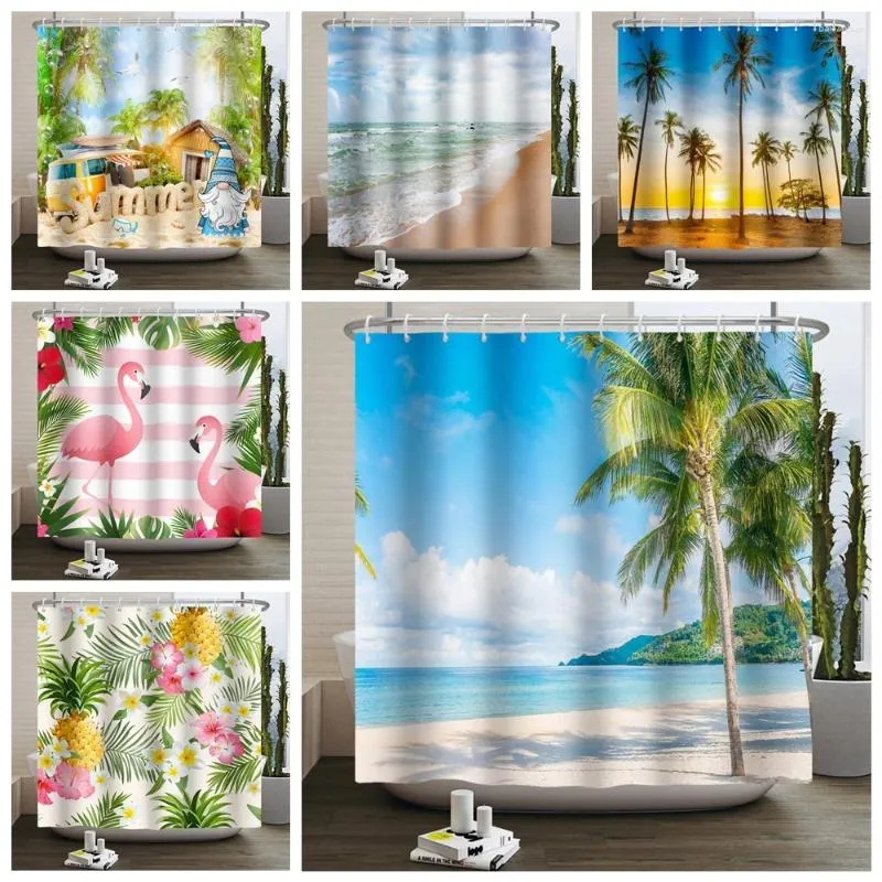 Rideaux de douche Été Bord de mer Rideau de plage Soleil Mer Océan Palmiers tropicaux Feuilles Flamingo Salle de bain Baignoire Décor avec crochets