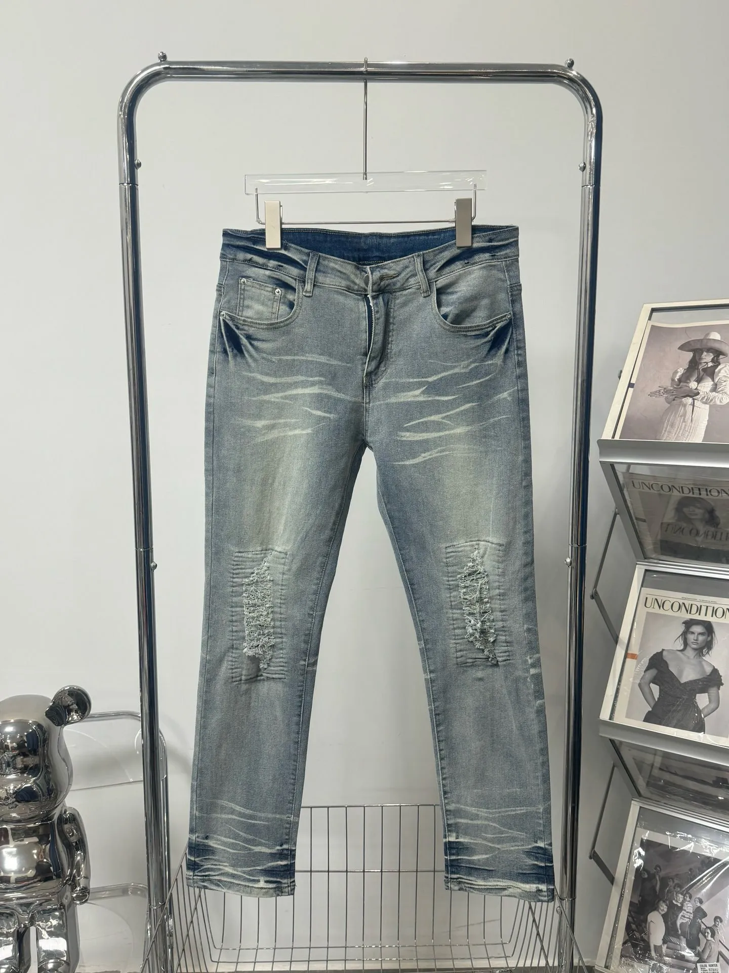 Frauen schwarze gestapelte Hosen Männer dünne Designer-Jeans Vintage-Waschung solide blau gerade Passform lange lässige Denim-Hose Frühling Sommer Streetwear#A12