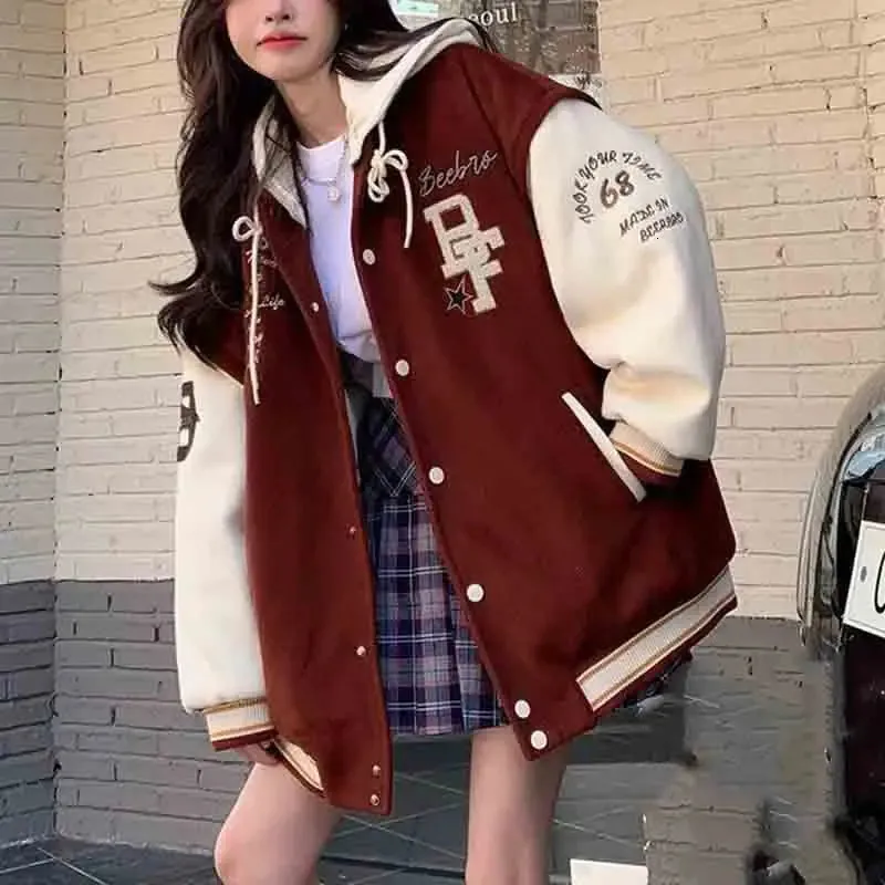 Amerikaanse Retro Preppy Stijl Baseball Jas Pluche Dikke Blazers Vrouwen Herfst Winter Student Harajuku Vesten Kapmantel 240320