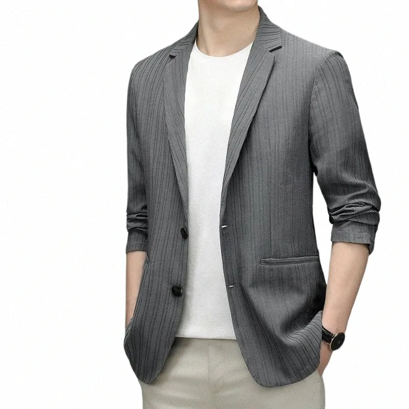 Meilleure qualité Hommes Casual Classique Gris Noir Blazer 2022 Nouveautés Printemps et Automne Mâle Rayé Busin Costume De Luxe Vestes T32r #