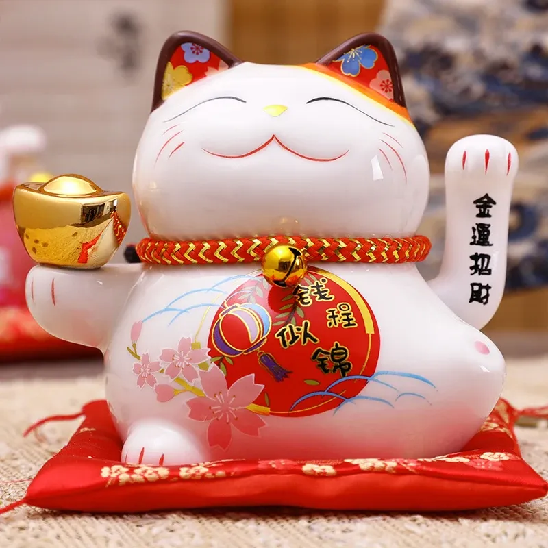 Miniaturen 5 inch Keramiek Fortune Cat Zwaaiende Hand Lucky Cat Plutus Cat Batterij Aangedreven Feng Shui Maneki Neko Beste Cadeau Woondecoratie