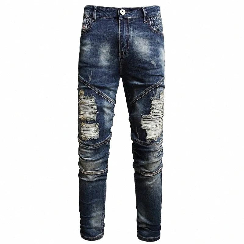 Stretch Nostalgique Denim Jeans Hommes Trendy Slim Wed Brodé Design Trou Ruiné Fi Party Pantalon Grande Taille 81Hq #