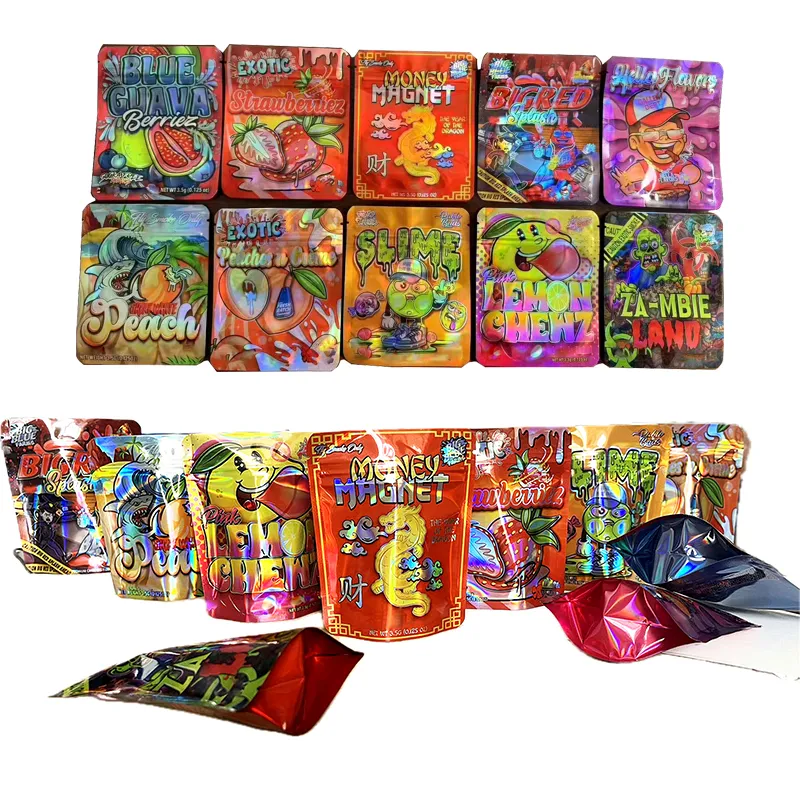 Sacs en Mylar holographiques laser refermables, pochettes en aluminium anti-odeur de 3.5g pour le stockage des aliments et l'emballage de bijoux aux herbes sèches, étui en plastique