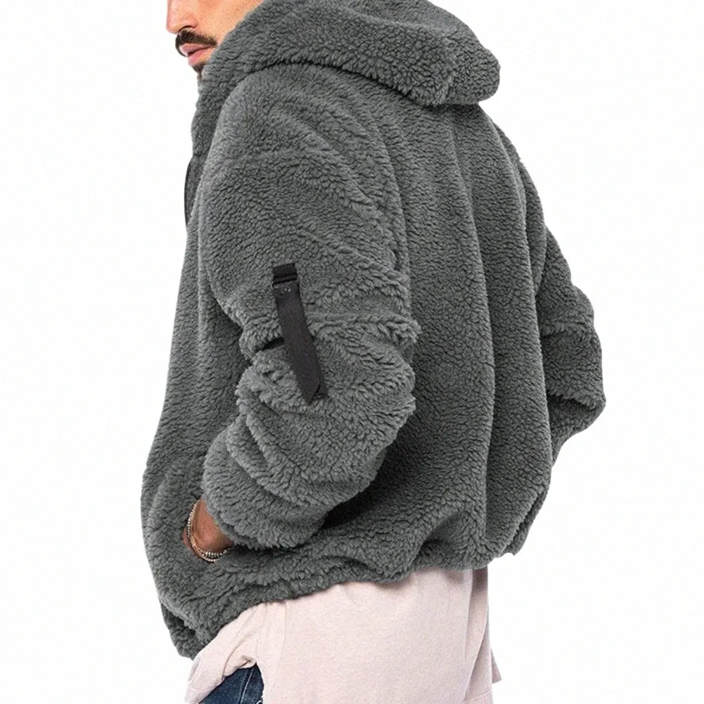 Zip-up Men jacka med varm fleece interiör trendiga mäns fluffiga huva kappa förtjockad fleece jacka för vintervärme för män l2zq#