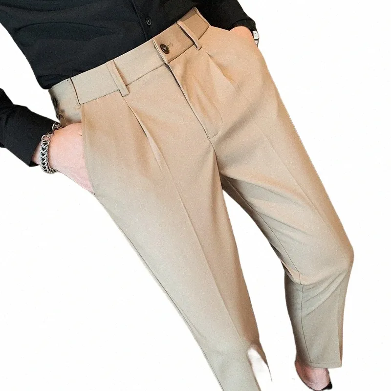 2023 uomini di stile britannico a vita alta casual Busin Dr pantaloni Streetwear New Fi cintura sociale Decorati Slim Fit pantaloni dell'abito e0CL #