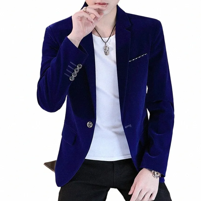coo 2024 New Men's Busin Slim-Fit Pleuche N-Iring One Butt Suit Youth Casual Solid Color Single Butt blazer X7ic#