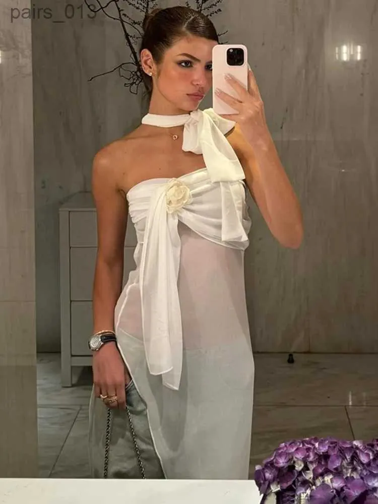 Grundläggande casual klänningar Tossy One-Shoulder Scarf Bow See-Through Oregelbundet bandklänning för kvinnor Sexig mesh sommar Ny vit delad kvällsfest YQ240328