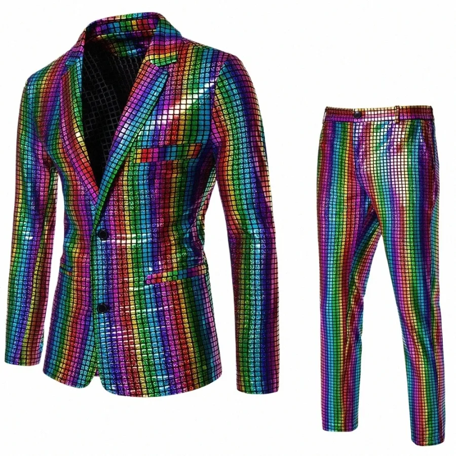 fiable New Men's Sequin Hot Stam Suit Disco Cosplay Party Stage Nightclub Shiny and Cool Performance Suit Set SizeS-3XL p9TQ#