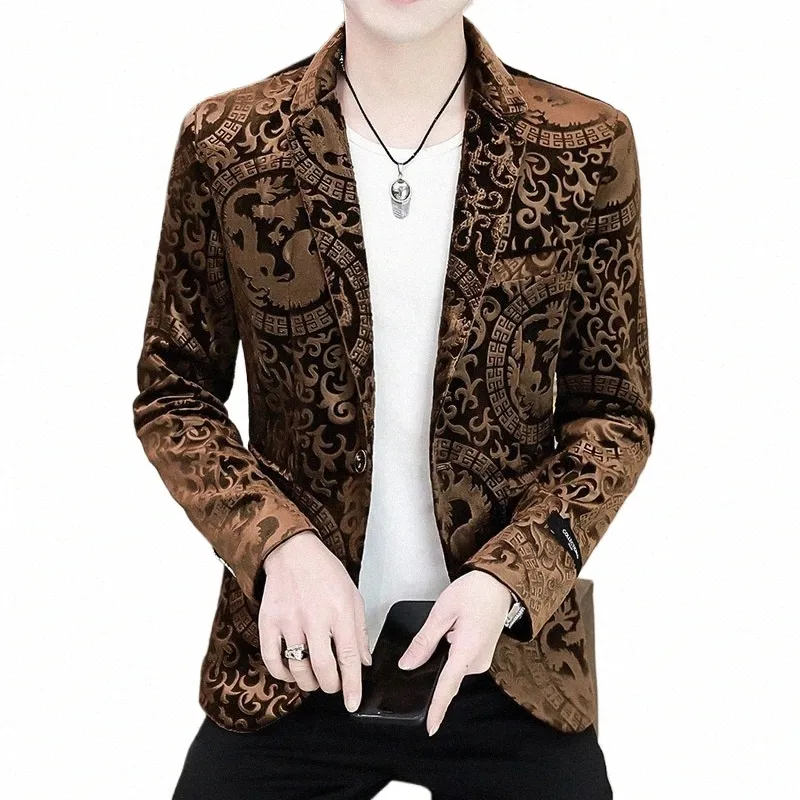 Hoo 2024 Herren Gold Veet New Casual Slim Handsome Bedruckter Blazer m96P #