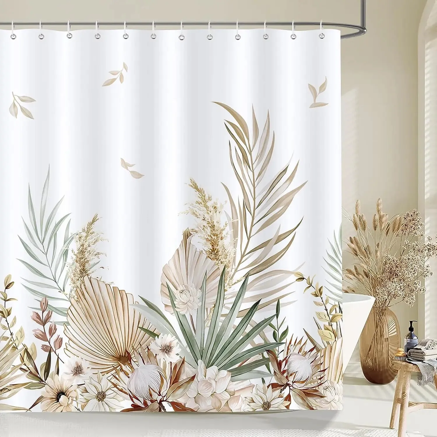 Lämnar duschgardiner Bright Tan Palm Leaf Floral Pumpkin Fall Bath Curtain Set Polyester Fabric Home Badrumdekor med krokar 240328