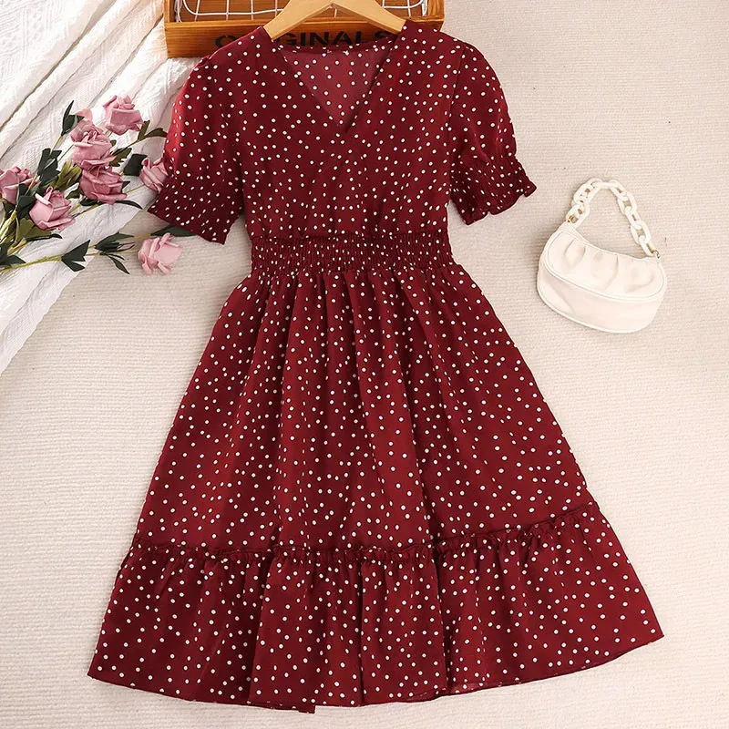 Kid Casual Dress for Girls Summer 2023 Children Short Sleeve Vneck Dot Print Red Princess Fashion Clothing 714Y 240325