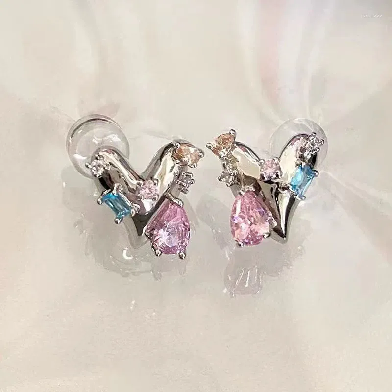 Stud Earrings Fashion 925 Silver Needle Metal Love Heart For Women Color Rhinestones Sweet Cool Girl Jewelry