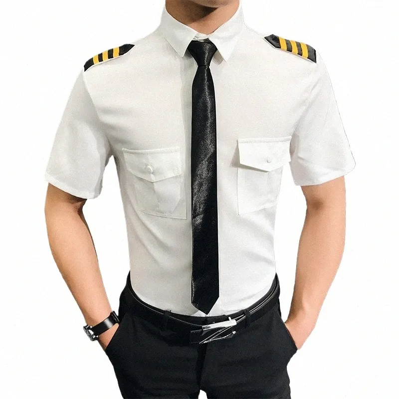 Kapitein Kleding Luchtmacht Piloot Uniform Shirt Mannen Aviati Wit Zwart Slim Fit Sociaal Werk Cosplay Korte Mouw Dr Shirt Mannen b7Uo #