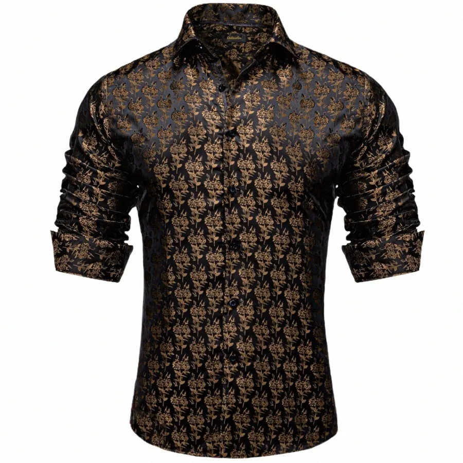 Dibangu Luxus Gold Floral Schwarz Seide Lg Sleeve Shirts Für Männer Designer Casual Smoking Shirts Männer Kleidung Bluse m243 #