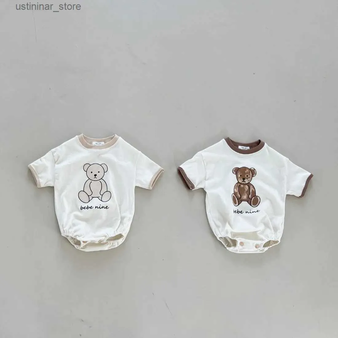 T-shirts 2023 Summer New Baby Boy Cute Bear Print Bodysuit Infant Girl Short Sleeve Jumpsuit Newborn Toddler Cotton Clothes 0-24M24328