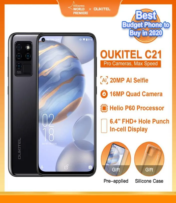 OUKITEL C21 20MP 셀카 64039039 FHD 홀 펀치 화면 Helio P60 4000mah 옥타 코어 4G 64G 쿼드 카메라 셀룰러 스마트 폰 PK5267474