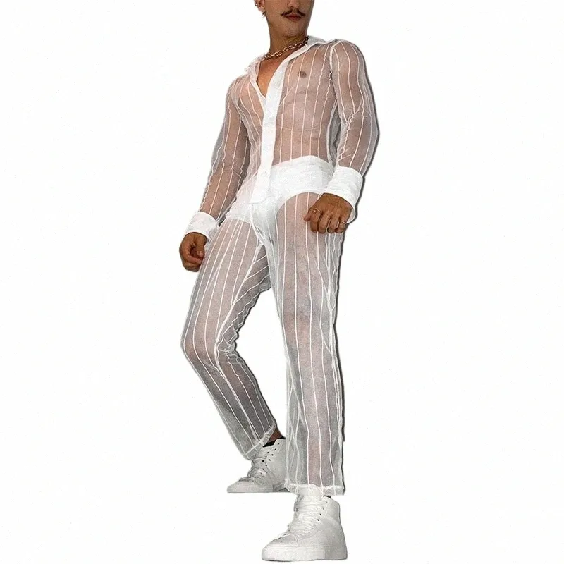 セクシーなパーティーショー2ピースセットを着ている2024年のレジャー新しい男性セットLGスリーブシャツLGパンツ通気性メッシュスーツS-5XL O14Z＃