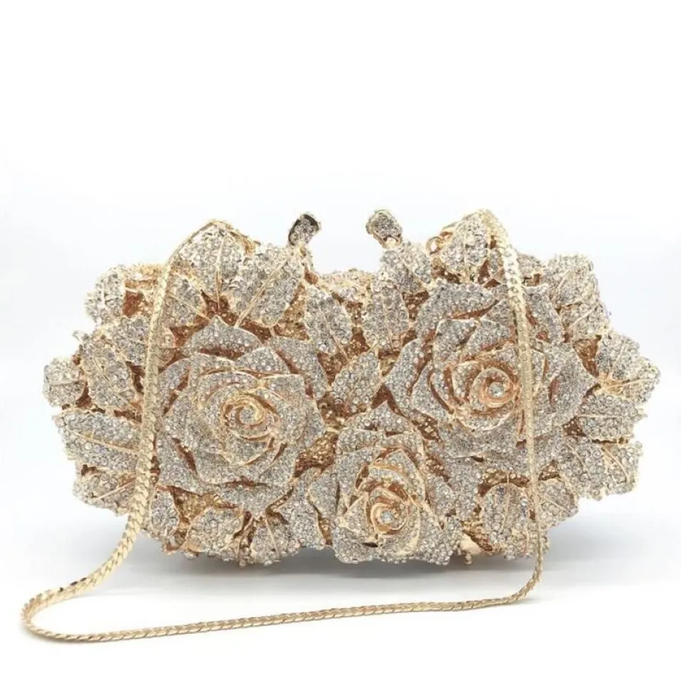 Kvällspåsar Dazzling Women Gold Rose Flower Hollow Out Crystal Metal Clutches Small Handbag Purse Wedding Clutch Bag Diamond320s