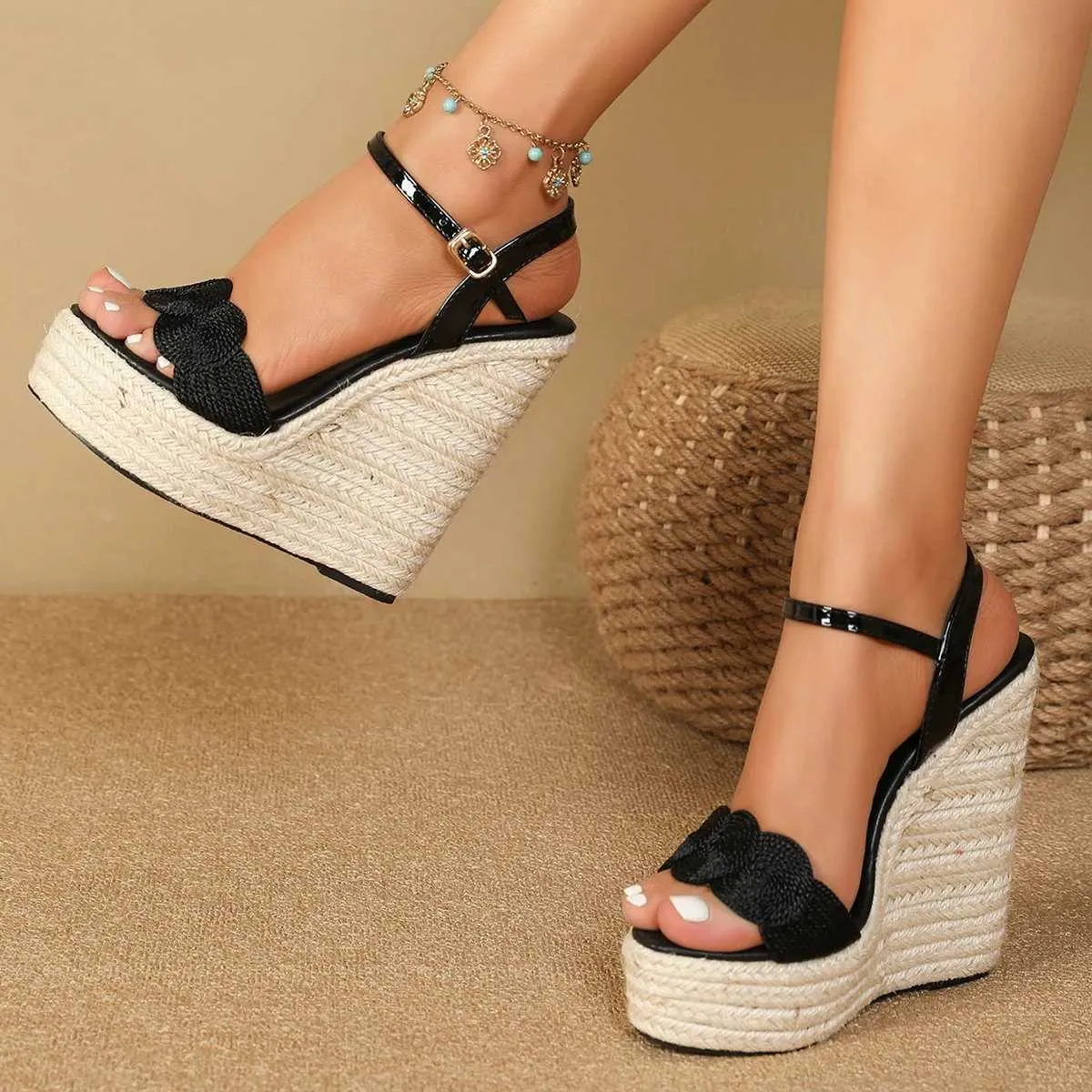 Sandals Fashionable sliding wedge sandals with fish head and hemp rope suitable for womens 15cm high heels LFD-10368-A60 H240328YKPW