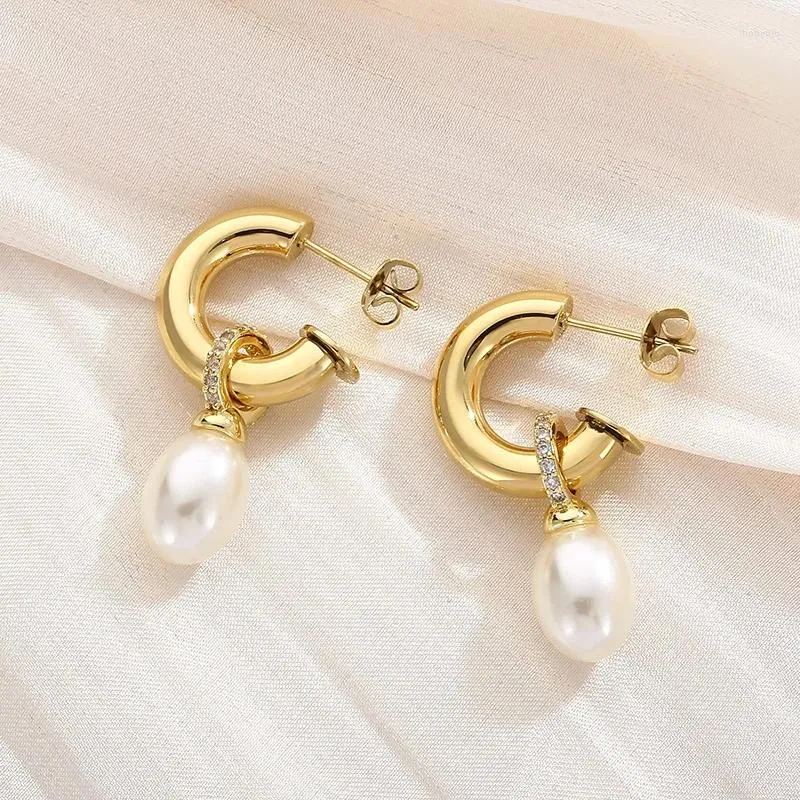 Kolczyki Dangle French Owalne imitacja imitacja Perły dla kobiet złoty kolor stal nierdzewnych Otwórz C Kształt Uch Ear Wedding Biżuteria