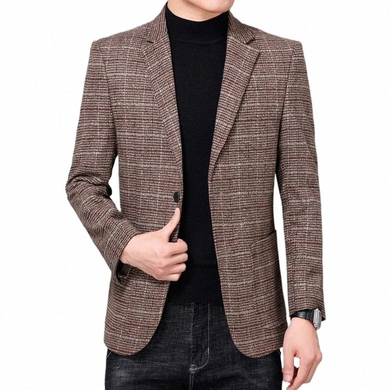 uomo Smart Casual Blazer Blu Navy Cammello Plaid di lana Costumn Homme Autunno Inverno Modello a quadri Blazer Uomo Abbigliamento classico B8eG #