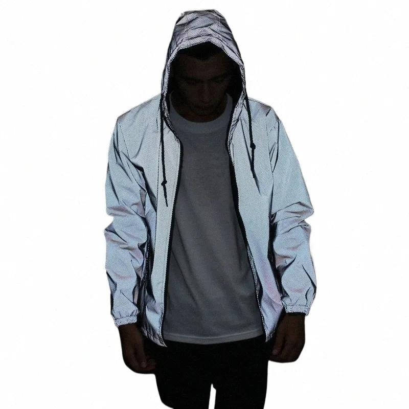 Spring Autumn Men Loose Full Reflective Hooded Windbreaker Waterproof Jacket Male Casual Hip Hop Baseball Coats Plus Size 4XL L3SU#