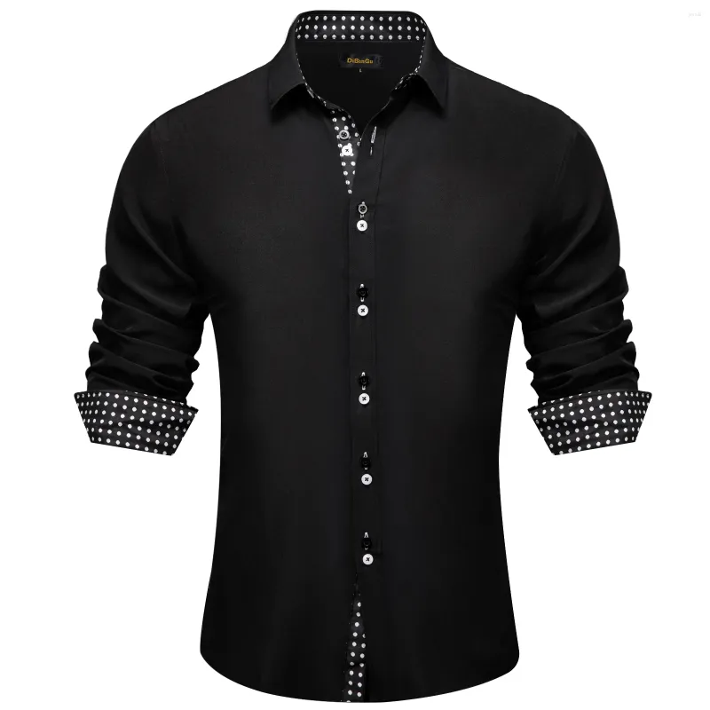 Men's Dress Shirts Designer Solid Black Shirt Long Sleeve Business Casual Social Blouse With White Dot Contrasting Cuff Collar