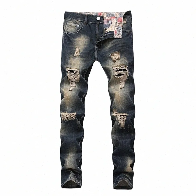 men's Patchwork Hollow Print Beggar's Ninth Pants Men's Denim Jeans Men's Direct Mail Fi Ripped Jeans n1HS#