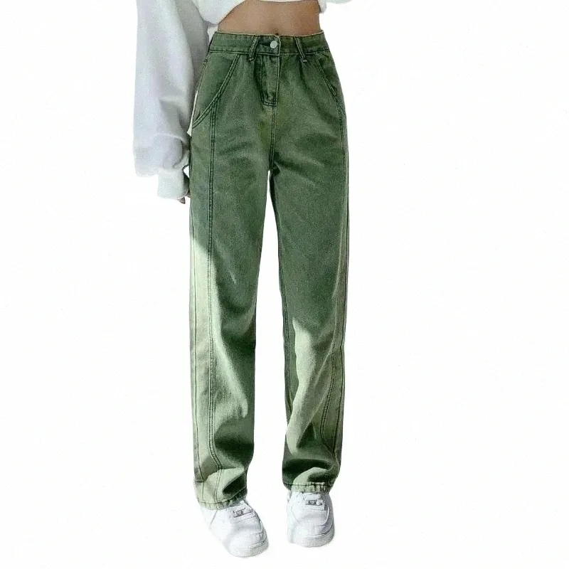 gröna jeans kvinnor fi high street denim byxor avslappnade raka breda byxor vintage streetwear plus storlek bottnar kläder h4y0#