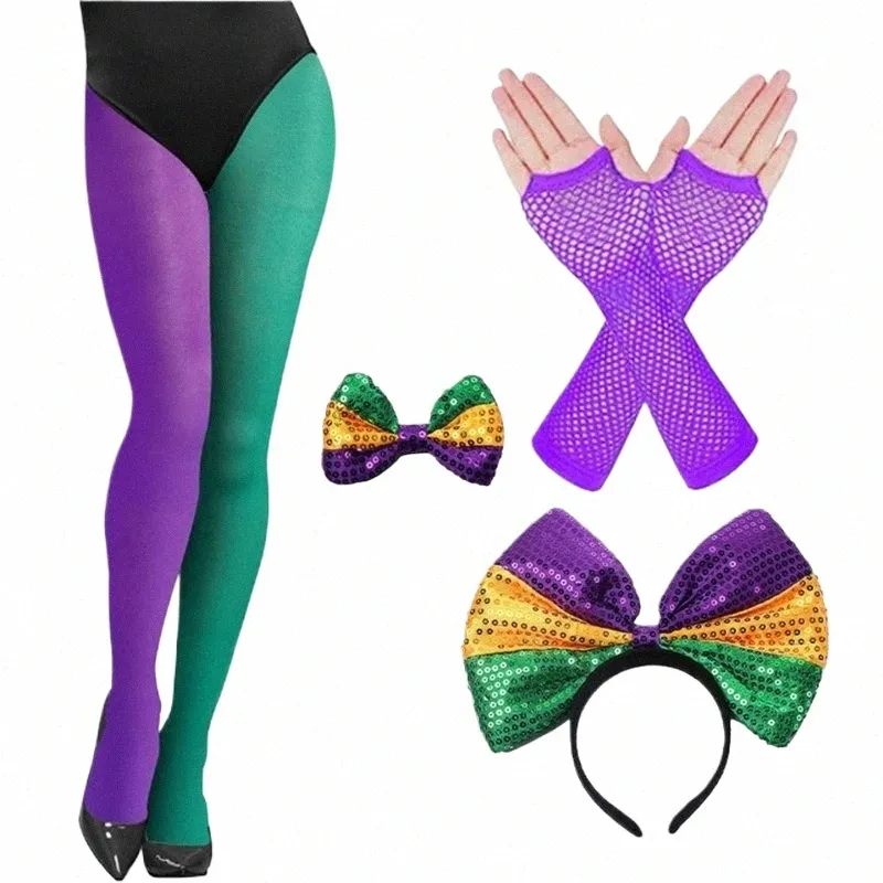 4pcs Mardi Gras Costume Tricolor Tights Gras Pantyhose Bows Headband for Event and Party Carnival Party Supplies 449B z7kW#