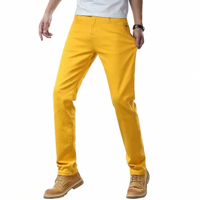 Jeans de couleur jaune pour hommes, style classique, élasticité droite, pantalon en denim Cott, marque masculine, rose, grande taille, m3Vt #