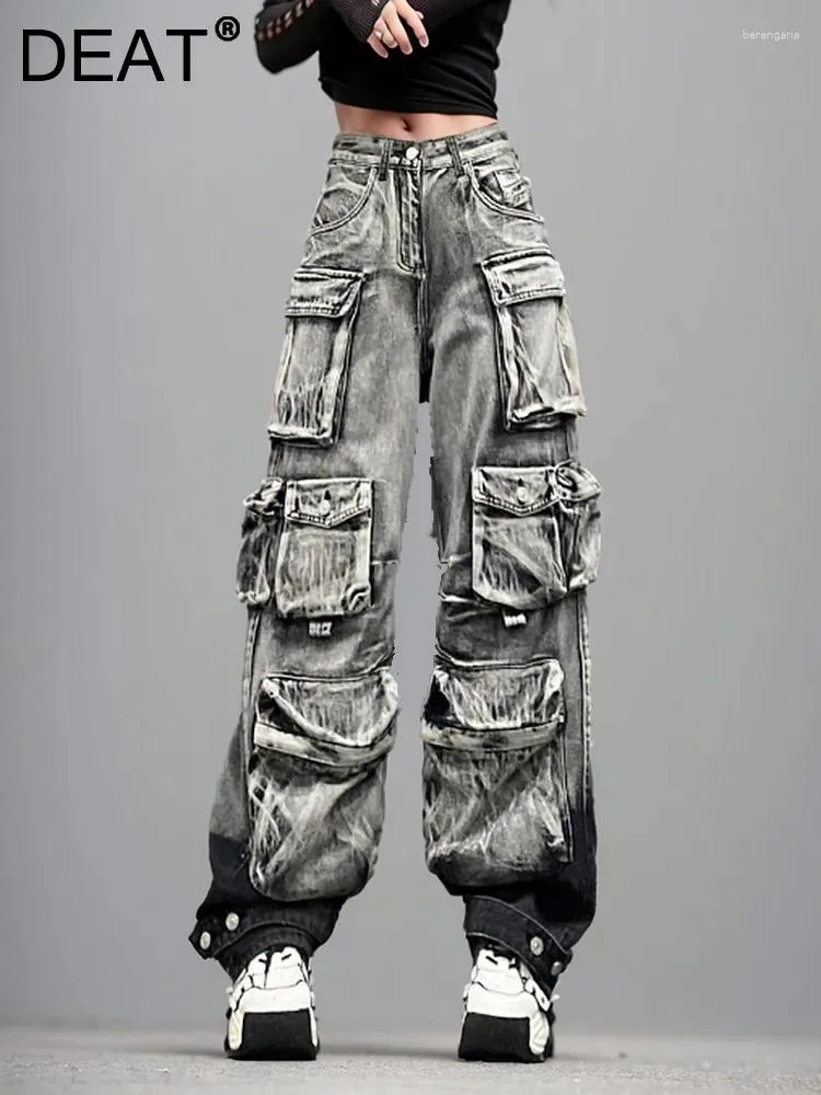 Jeans feminino gradiente cinza solto vários bolsos em linha reta perna larga denim calças de carga 2024 moda verão 29l3268
