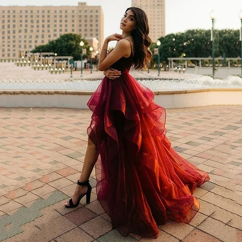 Burgundy High Low Prom Party Dress 2024 V-neck Straps Ruffles Fluffy Tulle Women Evening Formal Birthday Gowns Robe De Soiree