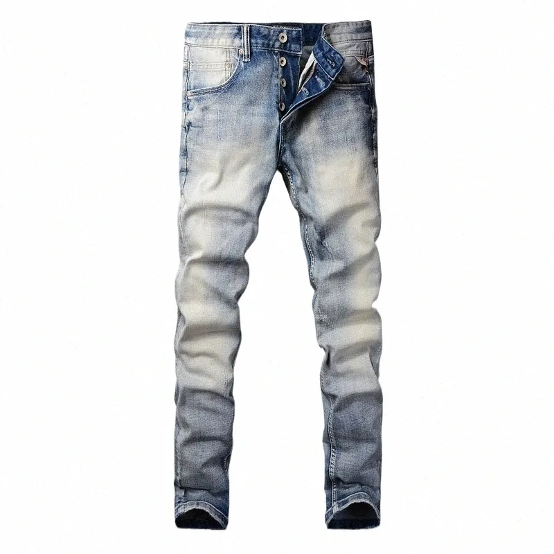 italiensk stil fi män jeans retro ljus blå vanlig ons elastisk smal fit rippade jeans män vintage designer rump byxor z8ab#