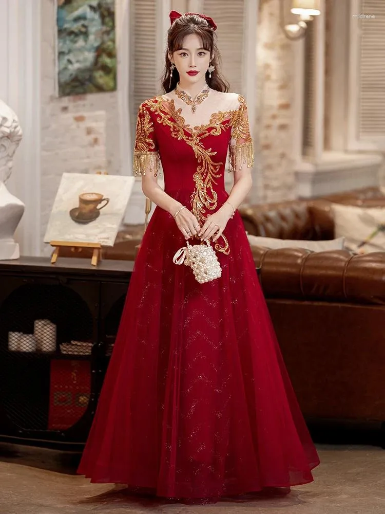 Vestidos de festa vintage alta pescoço vinho vermelho recepção de casamento apliques de luxo até o chão tule longo feminino formal vestidos de noite