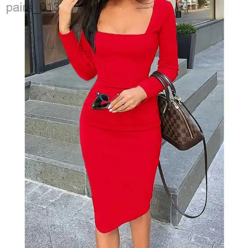 Vestidos casuais básicos elegantes mulheres ombro frio sexy chique vermelho coquetel slim fit gola quadrada manga comprida design bodycon midi vestido yq240328