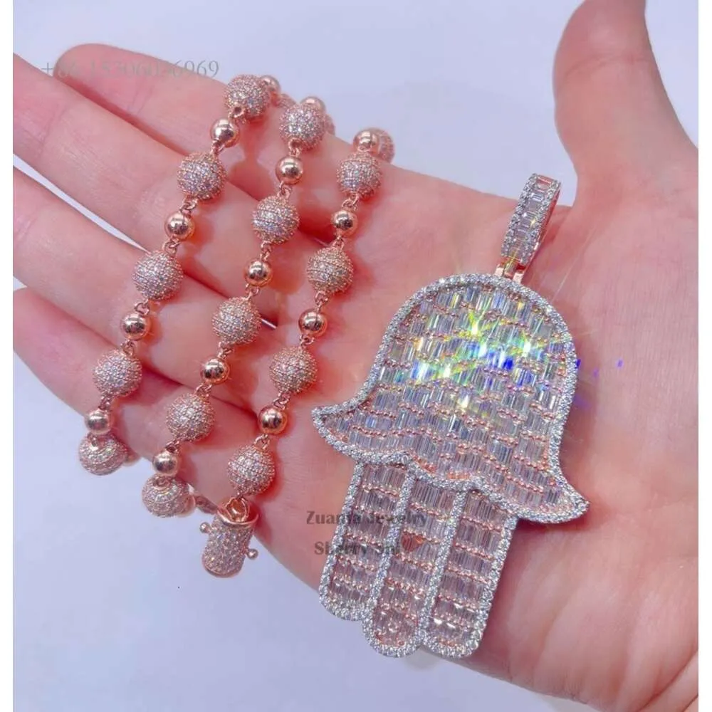 Catena di rosario in oro rosa Gioielli rapper Iced Out Vvs Baguette Moissanite Diamond Hamsa Ciondolo