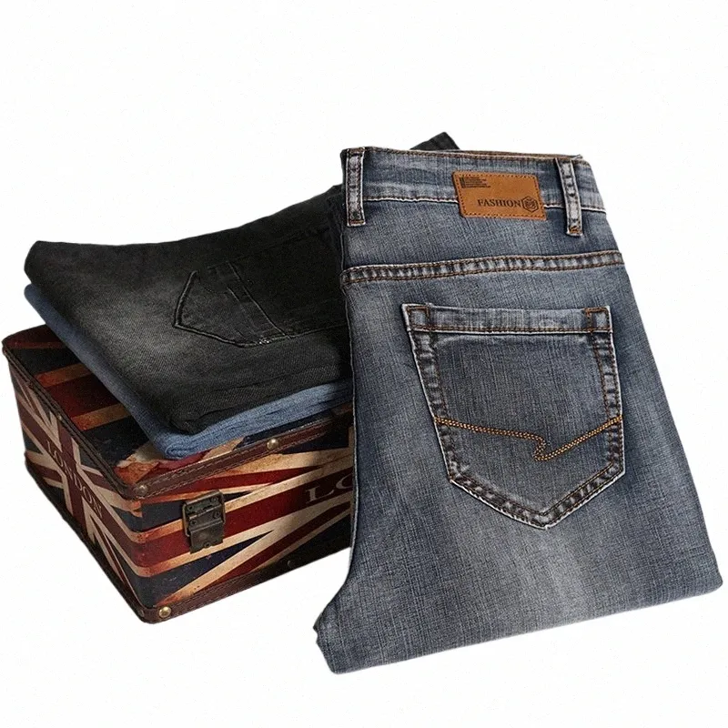 Männer Jeans Hosen Gerade Schnitt Frühling und Sommer Stretch Männer Denim Hosen Streetwear Reißverschluss Taschen Busin Casual Qualität C7An #