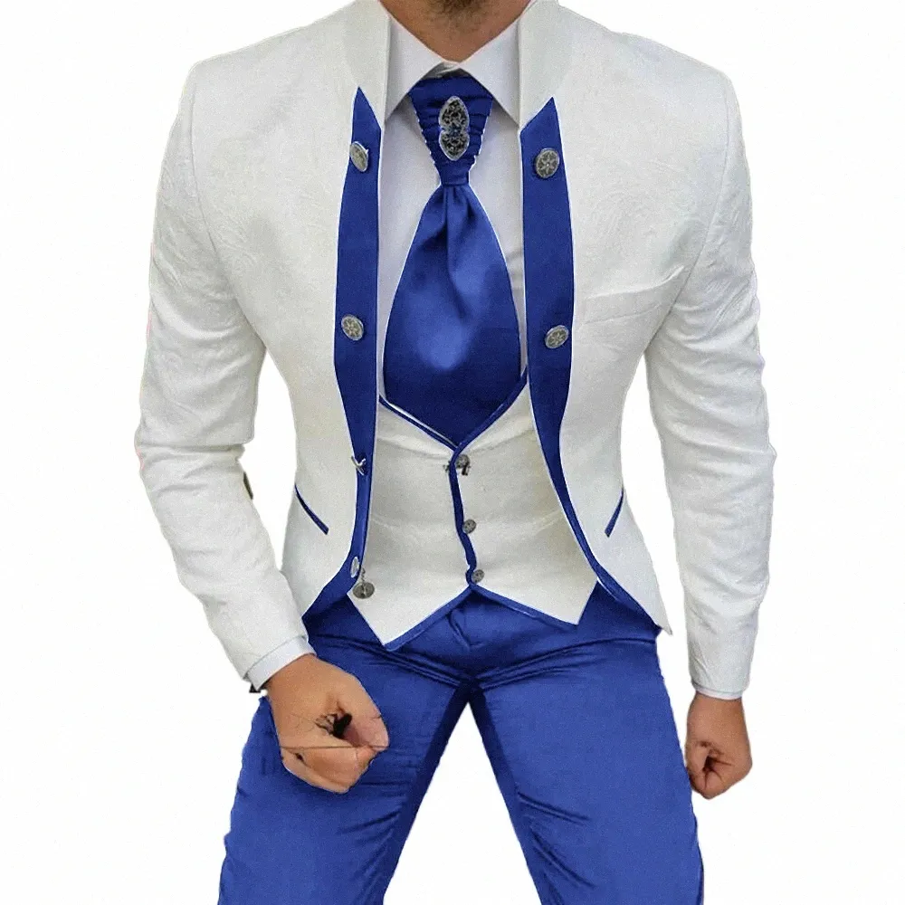 Costume élégant pour hommes, smoking de marié, bleu royal avec motif blanc, veste, pantalon, gilet, ensemble trois pièces, costumes formels pour hommes D4YQ #