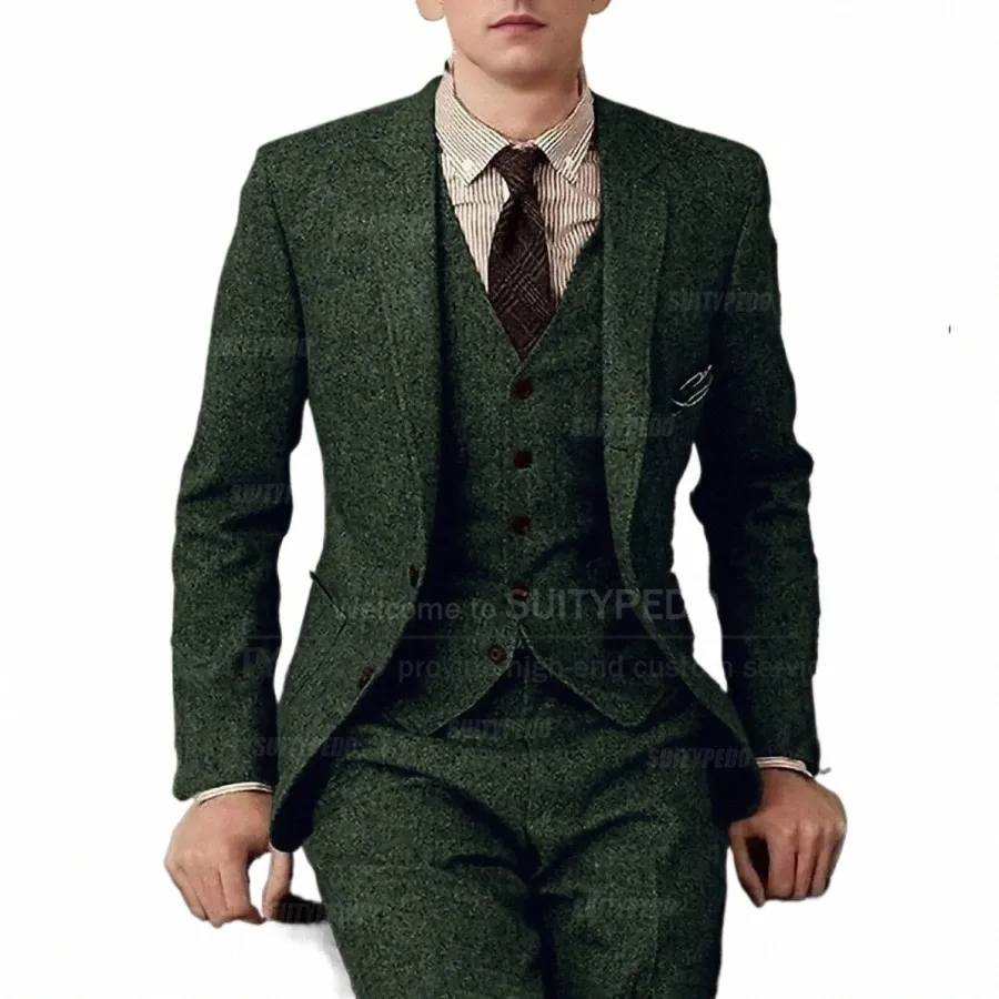Zielone garnitury tweed dla mężczyzn Slim Fit Class