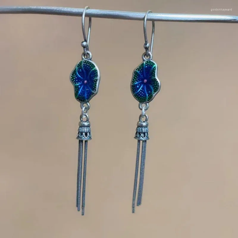 Boucles d'oreilles pendantes en argent 925, émail bleu feuille de Lotus pour femmes, longues boucles d'oreilles de Style Court, bijoux de fête exquis