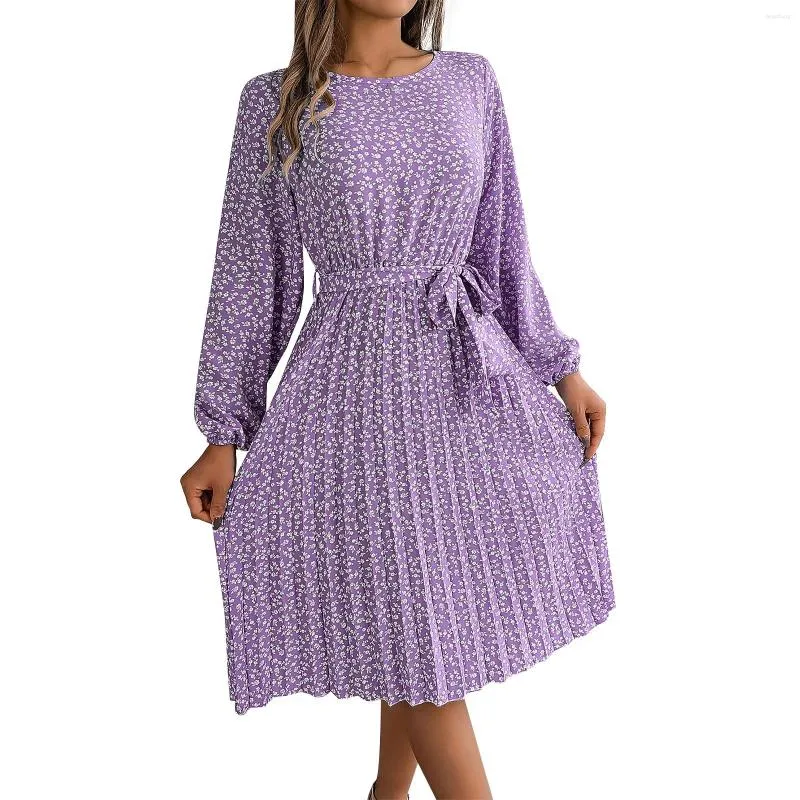 Robes décontractées Femmes Mode Printemps Et Été À Manches Longues Floral Large Hem Robe Plissée Élégante Pour F